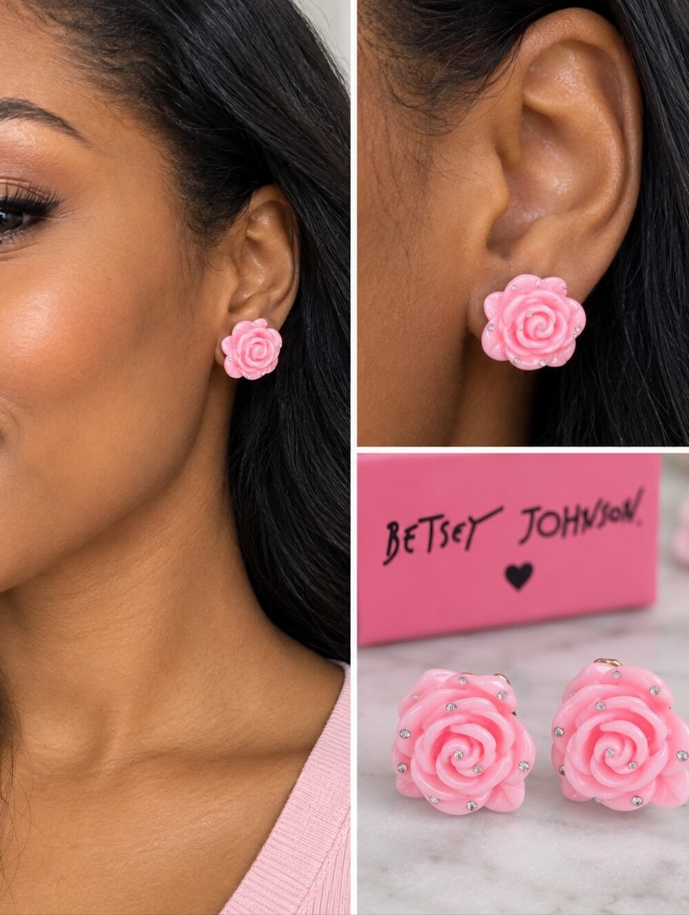 Betsey Johnson Carved Resin Pink Rose Stud